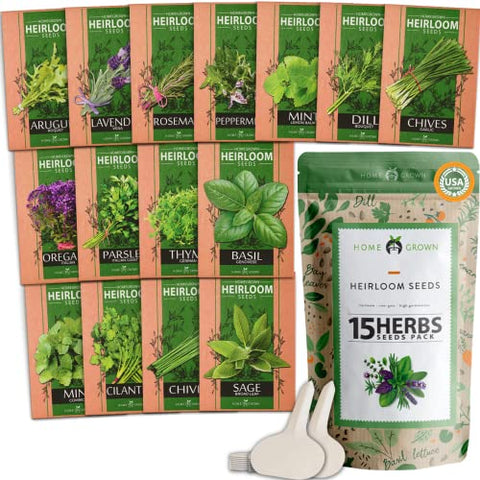 Home Grown 15 Culinary Herb Seed Vault - Heirloom Non GMO - 4500+ Herb Seeds - Plant Indoor or Outdoor Herbs Garden: Basil, Mint, Rosemary, Lemon Balm, Peppermint, Cilantro and More Planting Seeds