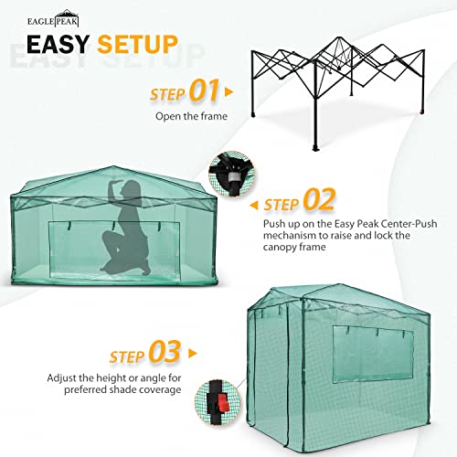 EAGLE PEAK 8'x6' Portable Walk-in Greenhouse Instant Pop-up Indoor Outdoor Plant Gardening Green House Canopy, Front and Rear Roll-Up Zipper Entry Doors and 2 Large Roll-Up Side Windows, Green