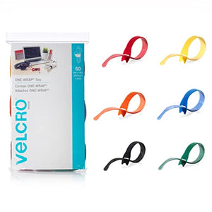 VELCRO Brand ONE-WRAP Cable Ties | 60Pk | 8 x 1/2" Straps, Multicolor | Strong Reusable Wire Management | Cord Bundling for Home Office and Data Centers