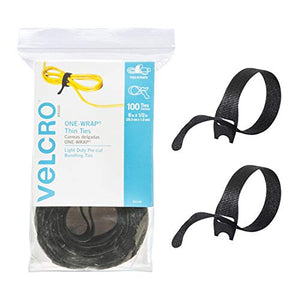 VELCRO Brand ONE-WRAP Cable Ties | 100Pk | 8 x 1/2" Black Cord Organization Straps | Thin Pre-Cut Design | Wire Management for Organizing Home, Office and Data Centers