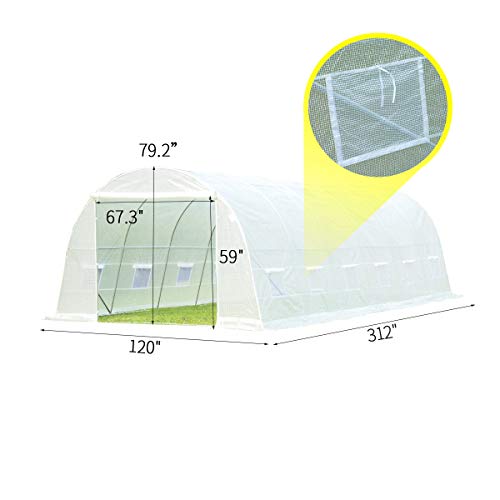 MELLCOM 26' x 10' x 6.6' Greenhouse Large Gardening Plant Hot House Portable Walking in Tunnel Tent, White
