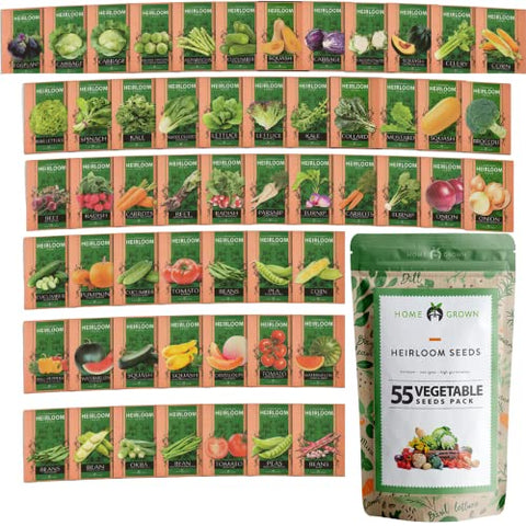 HOME GROWN Heirloom Vegetable Seeds - 27,500+ Seeds - 55 Variety of Non GMO Vegetable Seeds for Planting Home Garden, Homestead and Survival Gardening Seeds - Seeds for Planting Fruits and Vegetables
