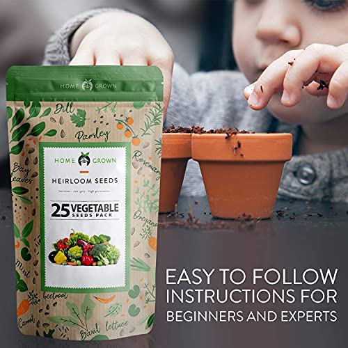 HOME GROWN 25 Heirloom Vegetable Seeds - 9500+ Survival Bugout Seeds and Essential Emergency Prepper Gear - Non GMO Vegetable Seeds for Planting Home Garden Pack