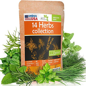 14 Culinary Herb Seeds Pack - Heirloom and Non GMO, Grown in USA - Indoor or Outdoor Garden - Basil, Parsley, Dill, Cilantro, Rosemary, Mint, Thyme, Oregano, Tarragon, Chives, Sage & More